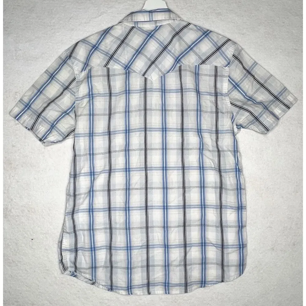 Levis Pearl Snap Plaid Short Sleeve Cotton Twill Shirt M Blue Black White